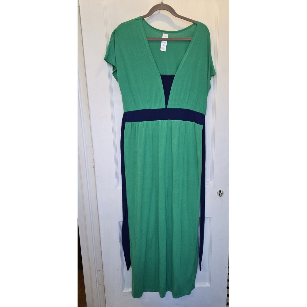 Avon Kelly Green w/ Navy Accents Long Dress w/ Side Slits XL
